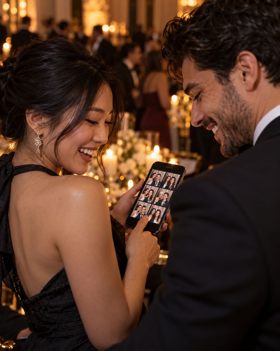 Two guests looking through their booth photos on a phone