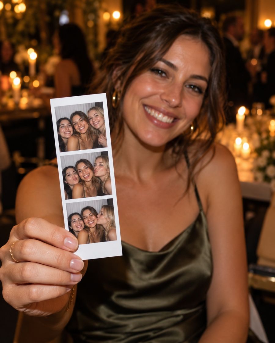A guest holding up her printed photo strip at a party