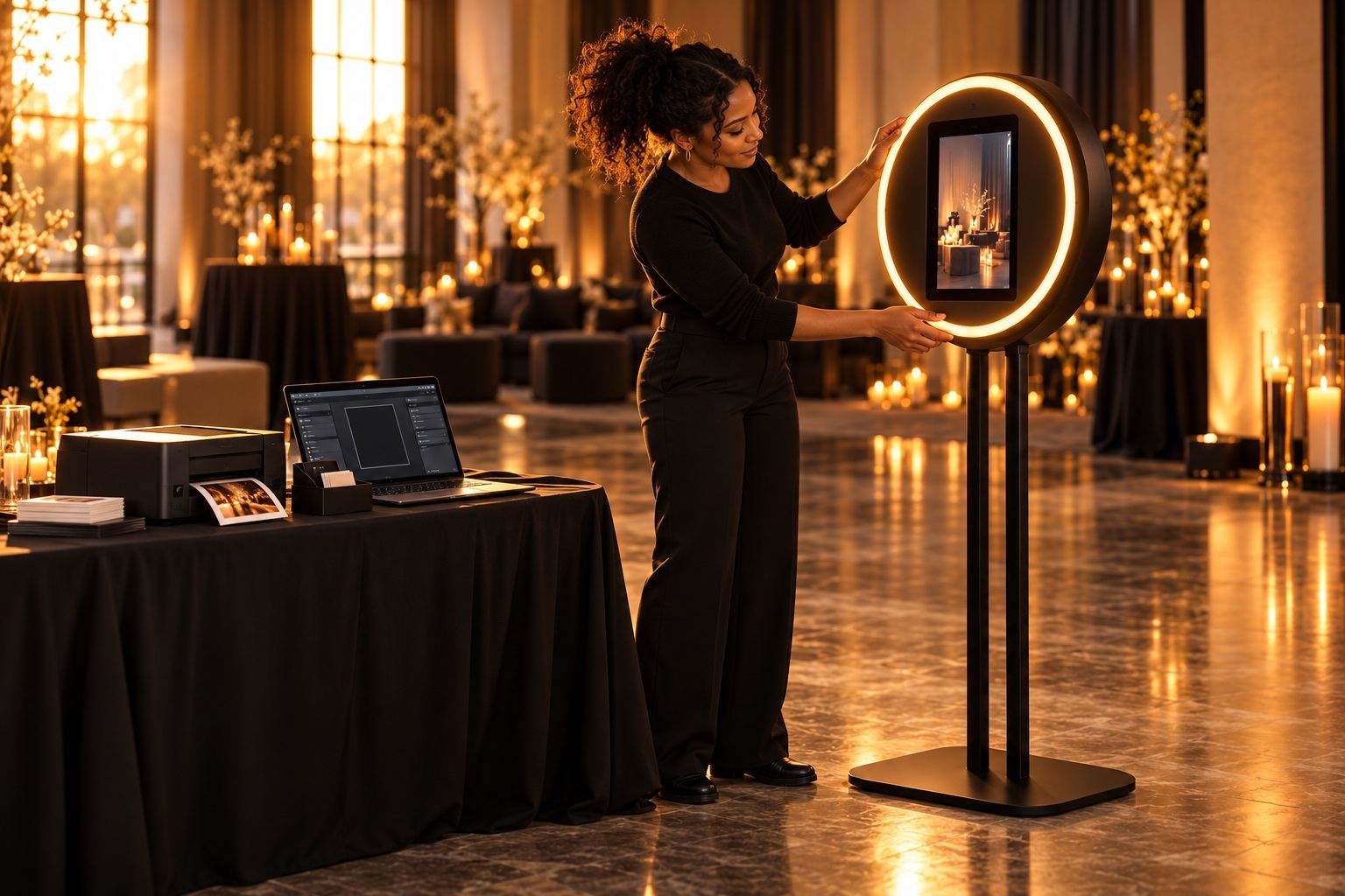 An operator setting up a BoothKits booth and printer before an event